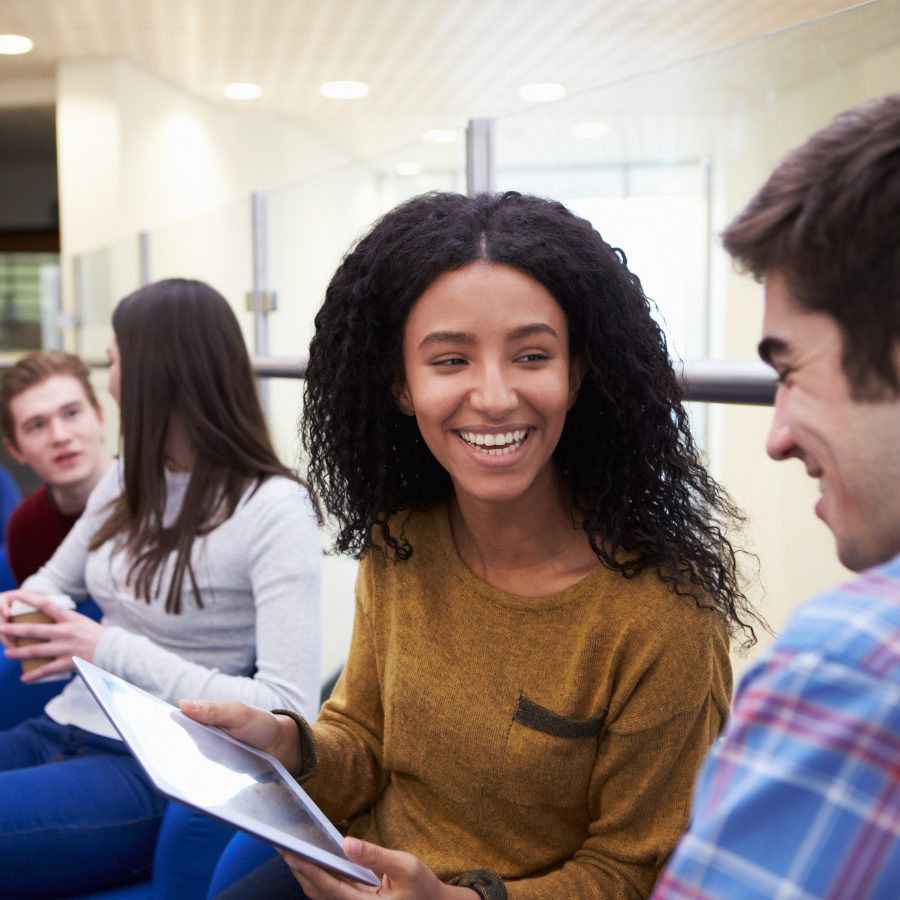 people chatting and smiling
