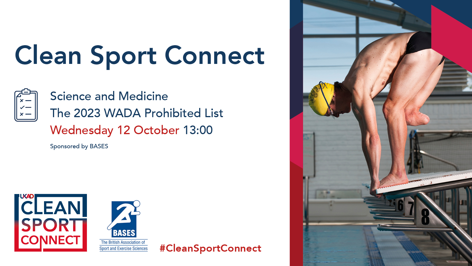 graphic advertising clean sport connect webinar with an image of a swimmer