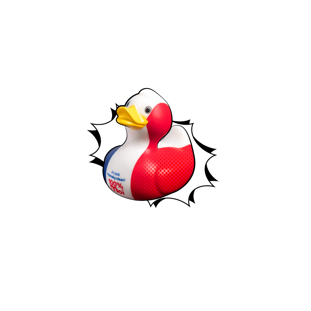 Squeaky the duck in the colours of the French flag