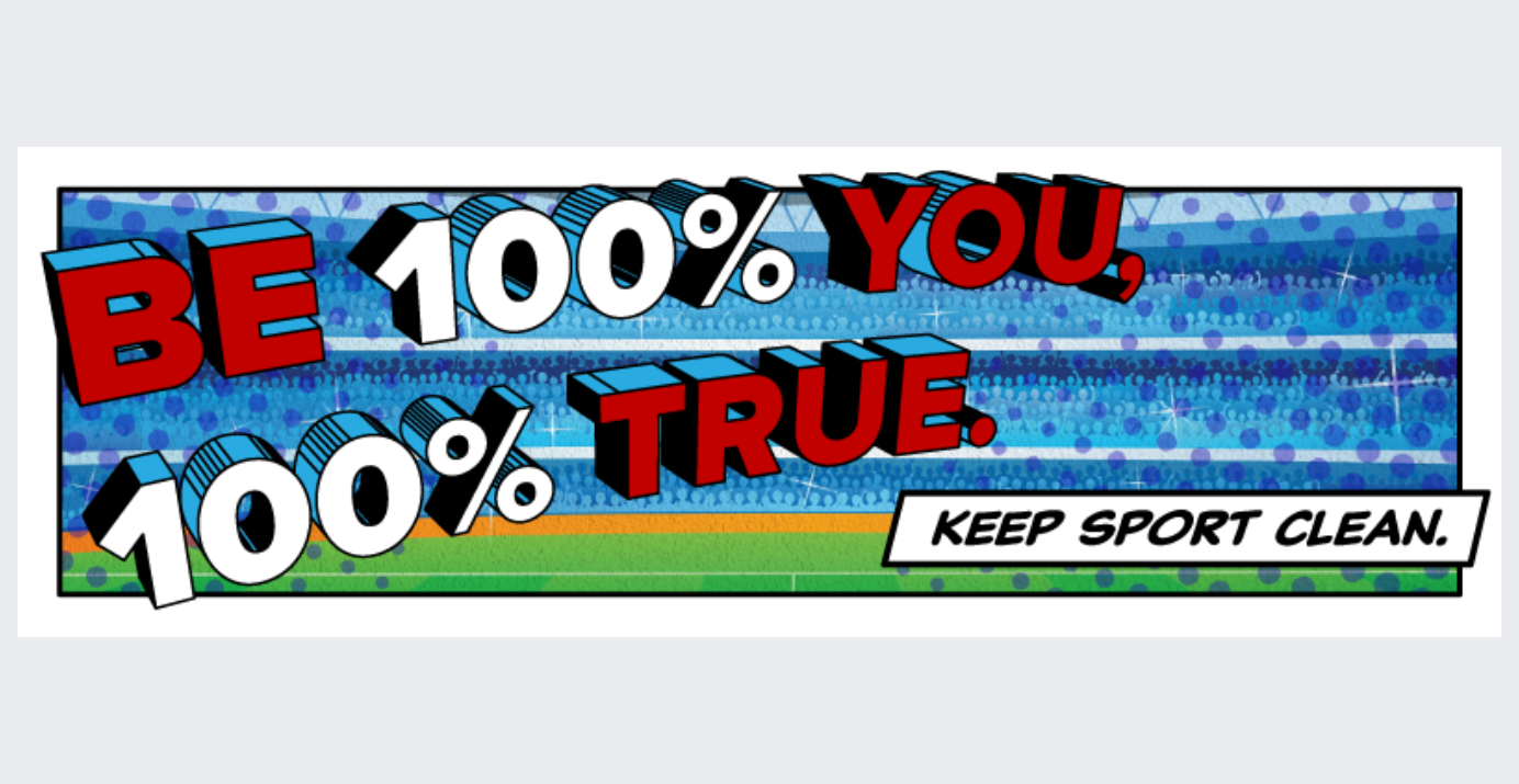Be 100% you 100% true never add more, written on a pop art style graphic